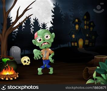 Happy zombie outdoors with haunted house background