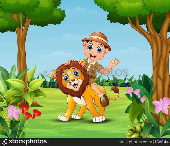 Happy zookeeper boy and lion in a beautiful garden