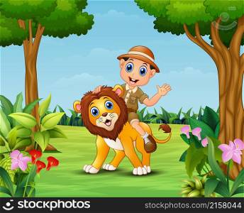 Happy zookeeper boy and lion in a beautiful garden