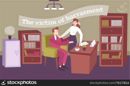 Harassment flat composition with indoor scenery office interior and boss harassing his secretary with editable text vector illustration