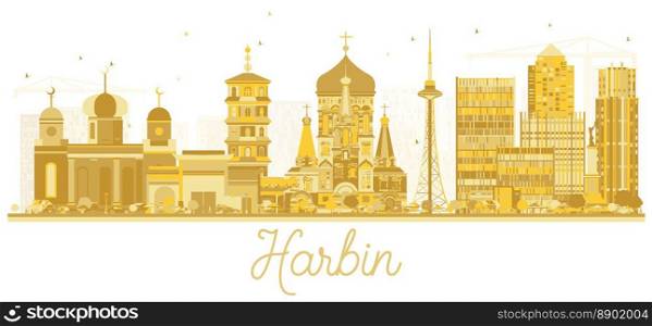Harbin China City skyline golden silhouette. Vector illustration. Simple flat concept for tourism presentation, banner, placard or web site. Business travel concept. Harbin Cityscape with landmarks.