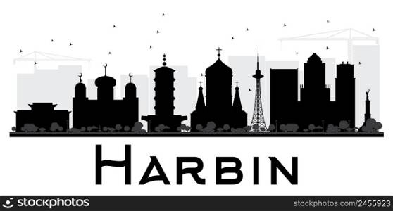 Harbin City skyline black and white silhouette. Vector illustration. Simple flat concept for tourism presentation, banner, placard or web site. Business travel concept. Cityscape with landmarks