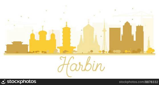 Harbin City skyline golden silhouette. Vector illustration. Simple flat concept for tourism presentation, banner, placard or web site. Business travel concept. Cityscape with landmarks.