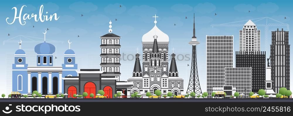 Harbin Skyline with Gray Buildings and Blue Sky. Vector Illustration. Business Travel and Tourism Concept with Historic Architecture. Image for Presentation Banner Placard and Web Site.