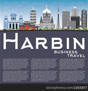 Harbin Skyline with Gray Buildings, Blue Sky and Copy Space. Vector Illustration. Business Travel and Tourism Concept with Historic Architecture. Image for Presentation Banner Placard and Web Site.