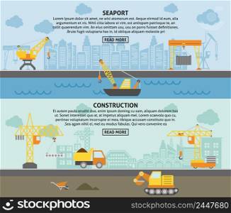 Harbor freight pickup crane and building construction tower crane flat horizontal banners set abstract isolated vector illustration. Building construction crane flat banners set