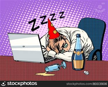 Hard birthday party pop art retro style. The man in the nightcap of the birthday boy sleeps in the office next to the bottle of champagne and a laptop.. Hard birthday party
