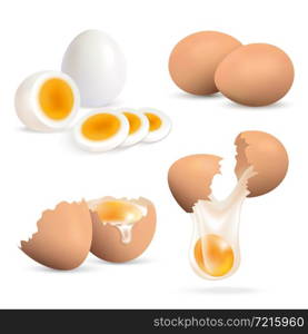 Hard boiled and raw eggs realistic set isolated on white background vector illustration. Eggs Realistic Set