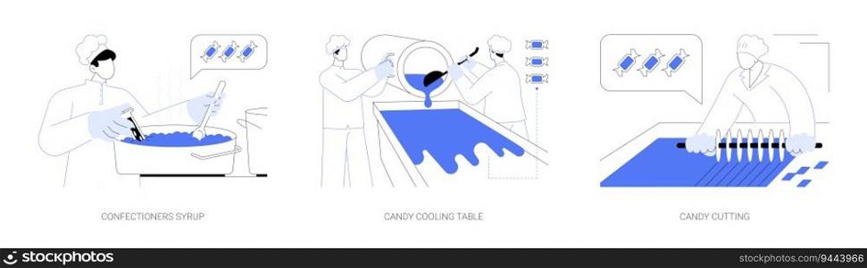 Hard candy abstract concept vector illustration set. Confectioners syrup, candy cooling table, confectioner cutting caramel at factory, desserts making, sweets manufacturing abstract metaphor.. Hard candy abstract concept vector illustrations.