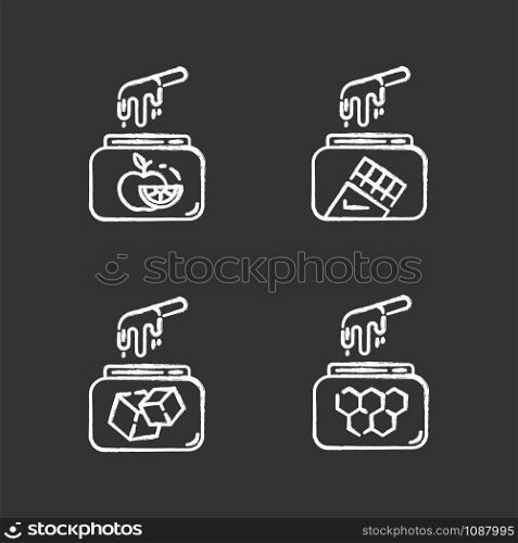 Hard cold chalk icons set. Fruit, chocolate, sugar, honey wax in jar with spatula. Hair removal equipment. Tools for depilation. Beauty treatment cosmetics. Isolated vector chalkboard illustrations