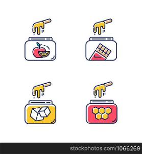Hard cold waxing color icon. Natural fruit, sugar, honey, chocolate wax in jar with spatula. Hair removal equipment. Tools for depilation. Beauty treatment cosmetics. Isolated vector illustrations