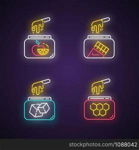 Hard cold waxing neon light icons set. Natural fruit, sugar, honey, chocolate wax in jar with spatula. Hair removal equipment. Tools for depilation. Glowing signs. Vector isolated illustrations