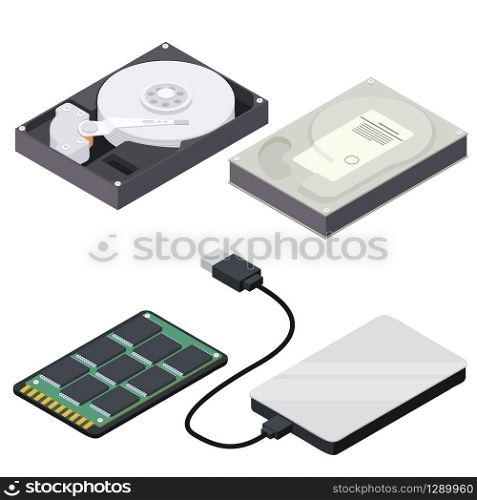 Hard disk vector icons for web design isolated on white background. Hard disk icons set, isometric style
