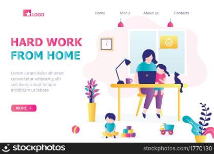 Hard Remote work from home landing page template . Woman at workplace with children. Mom can&rsquo;t work productively. Multitasking concept. Room interior. Family on quarantine. Flat Vector illustration. Hard Remote work from home landing page template . Woman at workplace with children. Mom can&rsquo;t work productively. Multitasking concept.