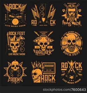 Hard rock festival, heavy mental band concert vector icons. Skull with horns and beard in crown, crossed rock guitars, drums and fire flames with lighting, hard rock fest music show fest signs. Heavy metal, hard rock music band concert skulls