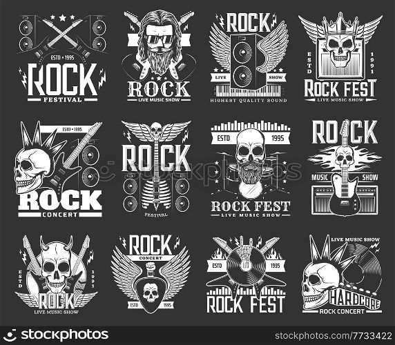 Hard rock music icons and symbols. Rock music festival, live concert and band show performance vector monochrome emblems, retro icons with smiling human skulls, electric guitar and vinyl discs. Hard rock music festival, show icons and symbols