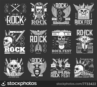 Hard rock music icons and symbols. Rock music festival, live concert and band show performance vector monochrome emblems, retro icons with smiling human skulls, electric guitar and vinyl discs. Hard rock music festival, show icons and symbols