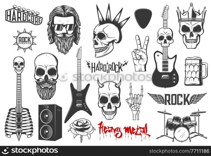 Hard rock music vector icons skull with mohawk and horns, guitars, heavy metal drums kit and dynamics. Rose flower, bearded rocker, hardcore rock music concert and festival monochrome isolated emblems. Hard rock music vector icons heavy metal signs