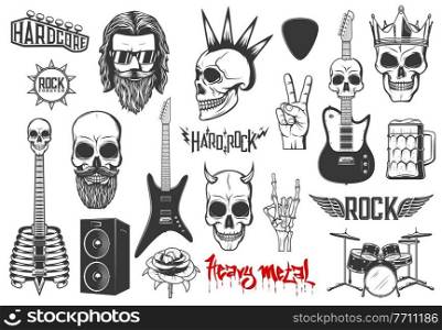 Hard rock music vector icons skull with mohawk and horns, guitars, heavy metal drums kit and dynamics. Rose flower, bearded rocker, hardcore rock music concert and festival monochrome isolated emblems. Hard rock music vector icons heavy metal signs