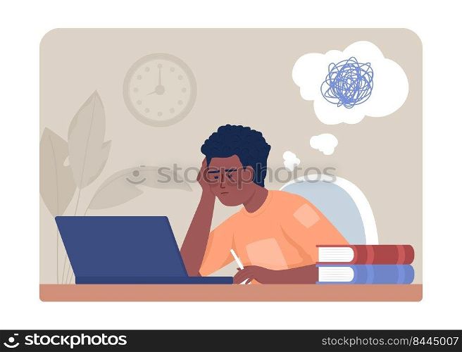 Hard to focus on school work 2D vector isolated illustration. Male high school student with ADHD flat character on cartoon background. Colourful editable scene for mobile, website, presentation. Hard to focus on school work 2D vector isolated illustration