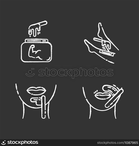 Hard waxing chalk icons set. Shin, chin, upper lip hair removal. Cold wax in jar. Facial, body hair depilation. Professional beauty treatment cosmetics. Isolated vector chalkboard illustrations
