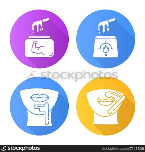 Hard waxing flat design long shadow glyph icons set. Chin, upper lip hair removal. Hot wax in jar. Facial hair depilation. Professional beauty treatment cosmetics. Vector silhouette illustration