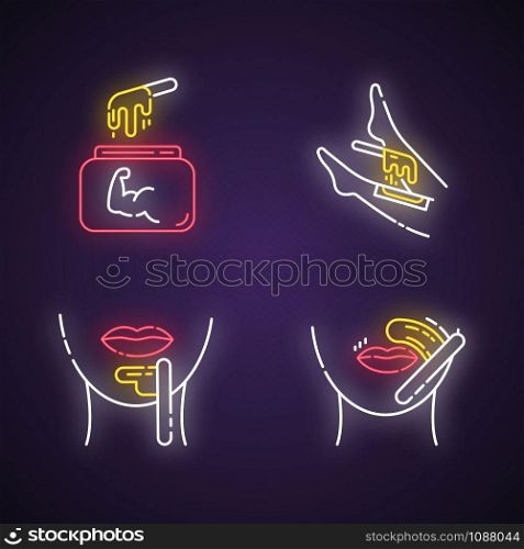 Hard waxing neon light icons set. Shin, chin, upper lip hair removal. Cold natural wax in jar. Facial, body hair depilation. Beauty treatment cosmetics. Glowing signs. Vector isolated illustrations