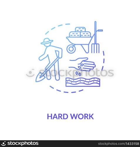 Hard work blue concept icon. Farmer seedling. Plant cultivation. Harvest and crop. Local production and agribusiness. Farming idea thin line illustration. Vector isolated outline RGB color drawing. Hard work blue concept icon