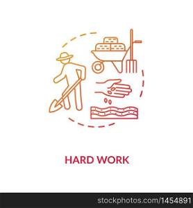 Hard work red concept icon. Farmer seedling. Plant cultivation for agribusiness. Harvest and crop. Local production. Farming idea thin line illustration. Vector isolated outline RGB color drawing. Hard work red concept icon