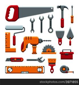Hardware industrial tools kit flat vector icons. Set of tools and work equipment illustration. Hardware industrial tools kit flat vector icons