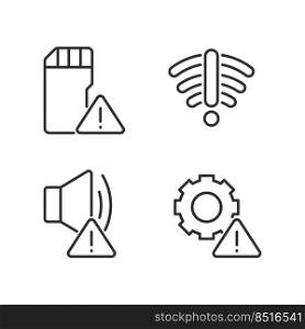 Hardware issues pixel perfect linear icons set. Settings problem. Sound device breakdown. Storage capacity issue. Customizable thin line symbols. Isolated vector outline illustrations. Editable stroke. Hardware issues pixel perfect linear icons set