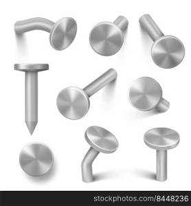 Hardware nails. Steel circle caps construction tools for builders hammering decent vector illustrations realistic set. Hardware metal and construction tools. Hardware nails. Steel circle caps construction tools for builders hammering decent vector illustrations realistic set