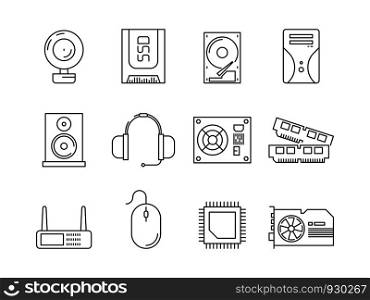 Hardware pc components. Symbols of computer items processor server ssd or hdd memory ram vector line icons. Illustration of hardware cpu, processor for computer, component and memory. Hardware pc components. Symbols of computer items processor server ssd or hdd memory ram vector line icons
