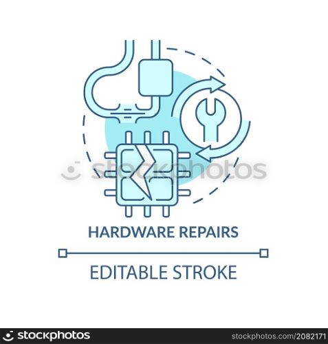 Hardware repair turquoise concept icon. Physical breakdown. Type of repair abstract idea thin line illustration. Isolated outline drawing. Editable stroke. Roboto-Medium, Myriad Pro-Bold fonts used. Hardware repair turquoise concept icon