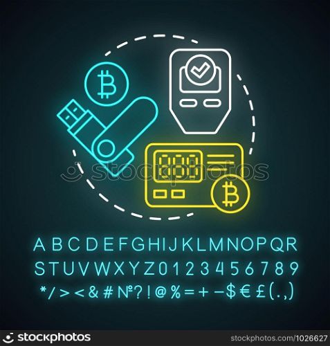 Hardware wallet neon light concept icon. Storing private keys in storage device idea. Online transaction. Bitcoin wallet. Glowing sign with alphabet, numbers and symbols. Vector isolated illustration