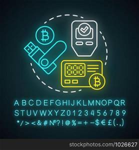 Hardware wallet neon light concept icon. Storing private keys in storage device idea. Online transaction. Bitcoin wallet. Glowing sign with alphabet, numbers and symbols. Vector isolated illustration
