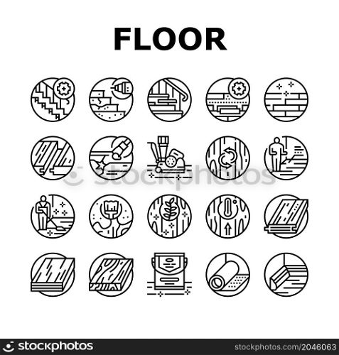 Hardwood Floor And Stair Renovate Icons Set Vector. Hardwood Floor Restoration And Installation, Parquet Varnish And Plinth Line. Cleaning And Repairing Service Black Contour Illustrations. Hardwood Floor And Stair Renovate Icons Set Vector