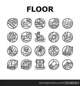 Hardwood Floor And Stair Renovate Icons Set Vector. Hardwood Floor Restoration And Installation, Parquet Varnish And Plinth Line. Cleaning And Repairing Service Black Contour Illustrations. Hardwood Floor And Stair Renovate Icons Set Vector