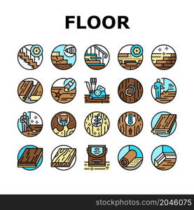 Hardwood Floor And Stair Renovate Icons Set Vector. Hardwood Floor Restoration And Installation, Parquet Varnish And Plinth Line. Cleaning And Repairing Service Color Illustrations. Hardwood Floor And Stair Renovate Icons Set Vector