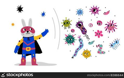 Hare superhero fight with bacteria. Hero animal protects against danger viruses and microbes. Cartoon rabbit in cape and mask. Super pathogens protection. Medicine heroic character. Vector concept. Hare superhero fight with bacteria. Hero animal protects against viruses and microbes. Rabbit in cape and mask. Super pathogens protection. Medicine heroic character. Vector concept