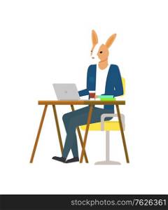 Hare working on laptop sitting at table and typing on computer. Vector bunny head in businessman suit, coffee and books on desk top. Rabbit works in office. Flat cartoon. Hare Working on Laptop Sitting at Table and Typing