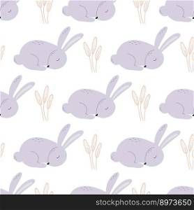 Hares sleep in grass seamless pattern. Funny bunnies in foliage and herbs. Baby print with animals. Nice spring template. Digital paper, vector illustration. Hares sleep in grass seamless pattern