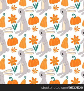 Hares with pumpkins autumn seamless pattern. Background cute bunnies with flowers, herbs and fall pumpkins. Seasonal print for textiles, packaging and design, vector illustration. Hares with pumpkins autumn seamless pattern