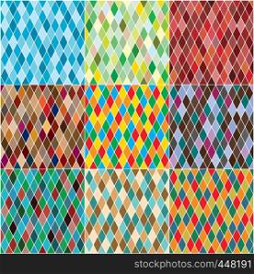 Harlequin's polychromatic mosaic patchwork, multi-colored seamless patterns, set of 9 colorful tiles.