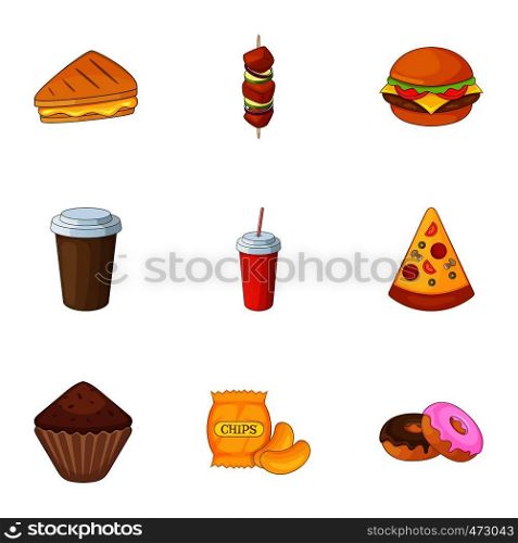 Harmful fast food icons set. Cartoon set of 9 harmful fast food vector icons for web isolated on white background. Harmful fast food icons set, cartoon style
