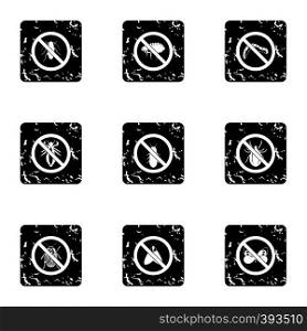 Harmful insects icons set. Grunge illustration of 9 harmful insects vector icons for web. Harmful insects icons set, grunge style