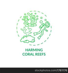 Harming coral reefs concept icon. Green tourism challenges. Diver destroy under ocean natural environment of animals idea thin line illustration. Vector isolated outline RGB color drawing. Harming coral reefs concept icon
