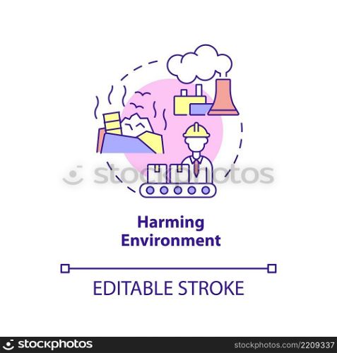 Harming environment concept icon. Emissions and waste dumping. Market economy cons abstract idea thin line illustration. Isolated outline drawing. Editable stroke. Arial, Myriad Pro-Bold fonts used. Harming environment concept icon