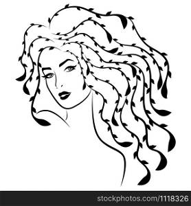 ?harming woman with luxurious stylized floral hair in flow isolated on the white background, hand drawing vector for cosmetic products design