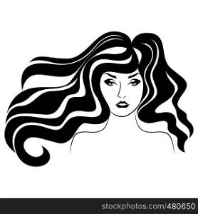 ?harming woman with luxurious wavy hair in flow and distinctive eyes, hand drawing vector for cosmetic products design